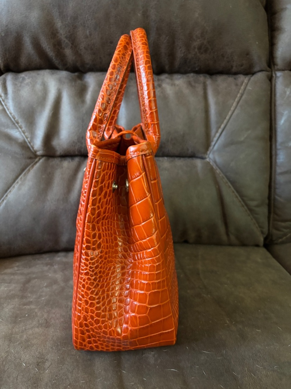 Croc-Embossed Orange Leather Satchel with Polished Hardw - Picture 3 of 10